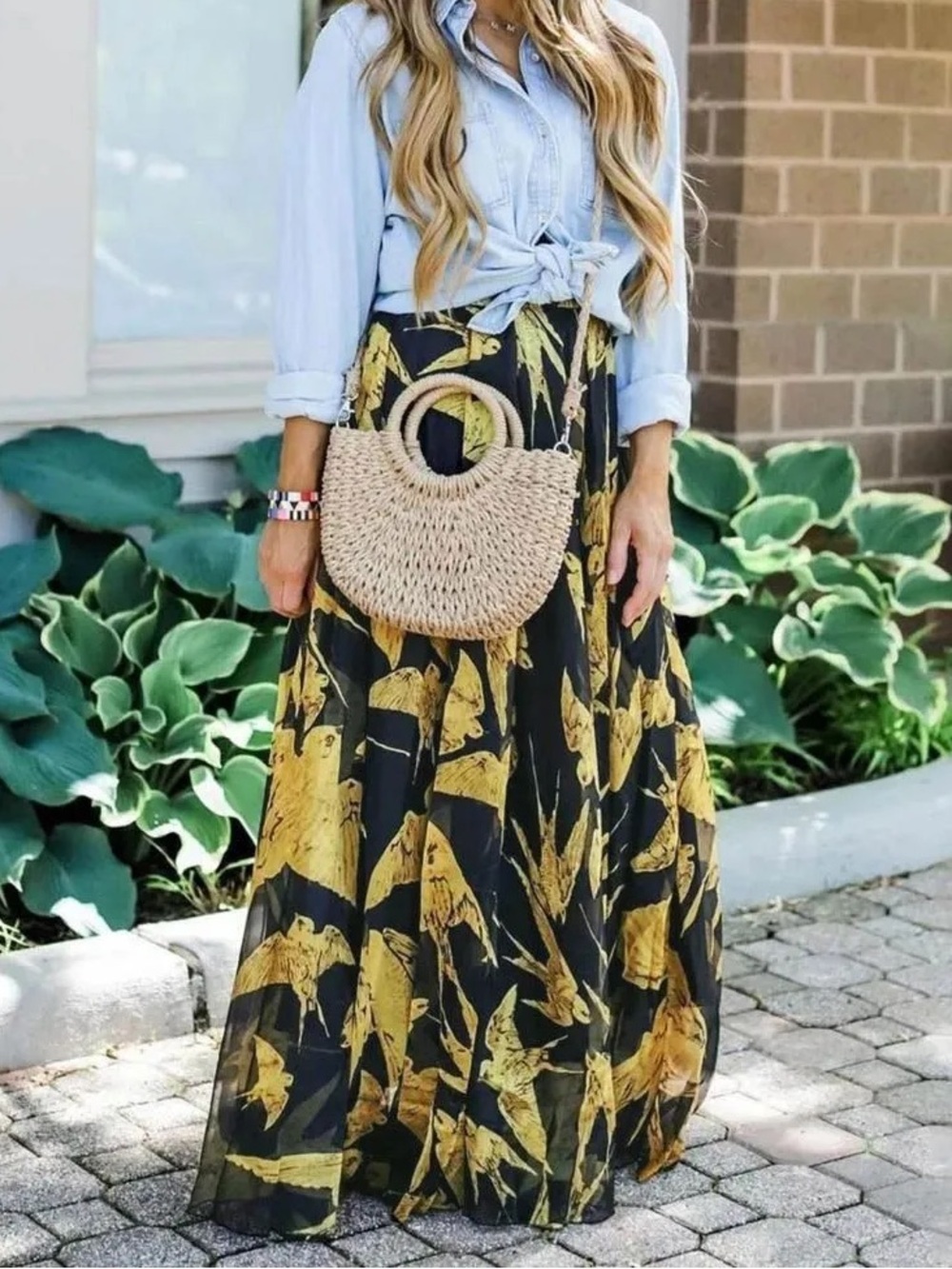 Chicwish Black Gold Swallows Bird Chiffon Maxi Skirt M - Picture 5 of 8
